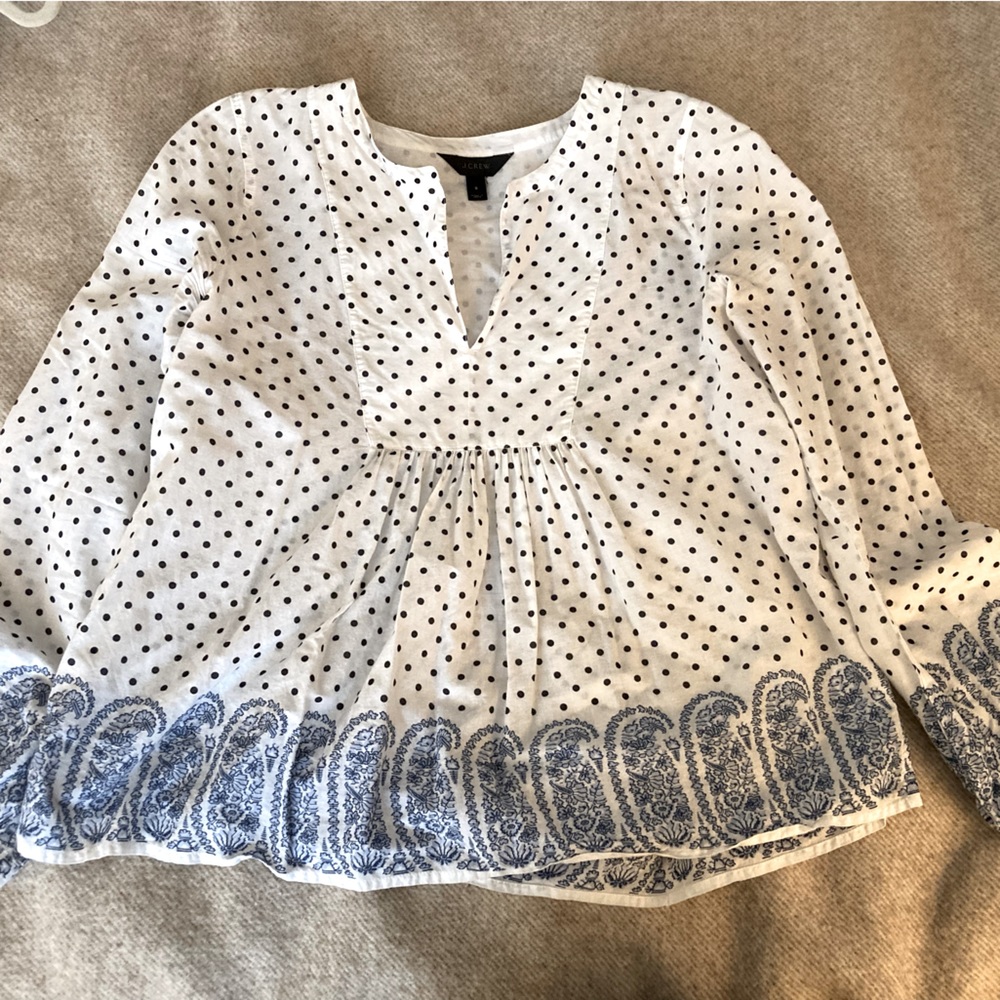 J. Crew popover blouse peasant boho black polka dots blue paisley cotton size 8